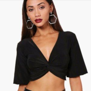 Boohoo Bell Sleeve Twist Knot Crop Top